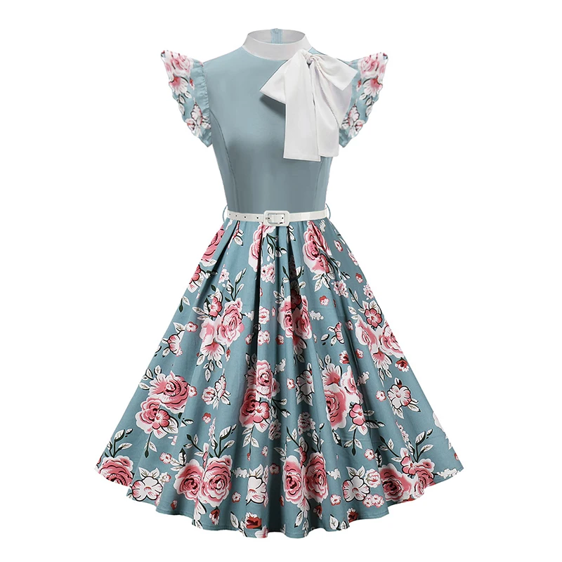 

Women Retro Polka Dot Swing Dress Rockabilly Vintage 50s 60s Party Dresses Bow Tie Elegant Cocktail Party Dress