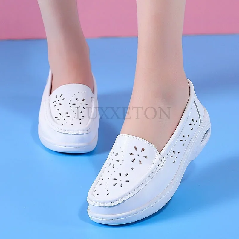 Genuine Leather Air Cushion Nurse Shoes Women Spring and Summer New Soft Bottom Breathable Flat Bottom White Medical Shoes