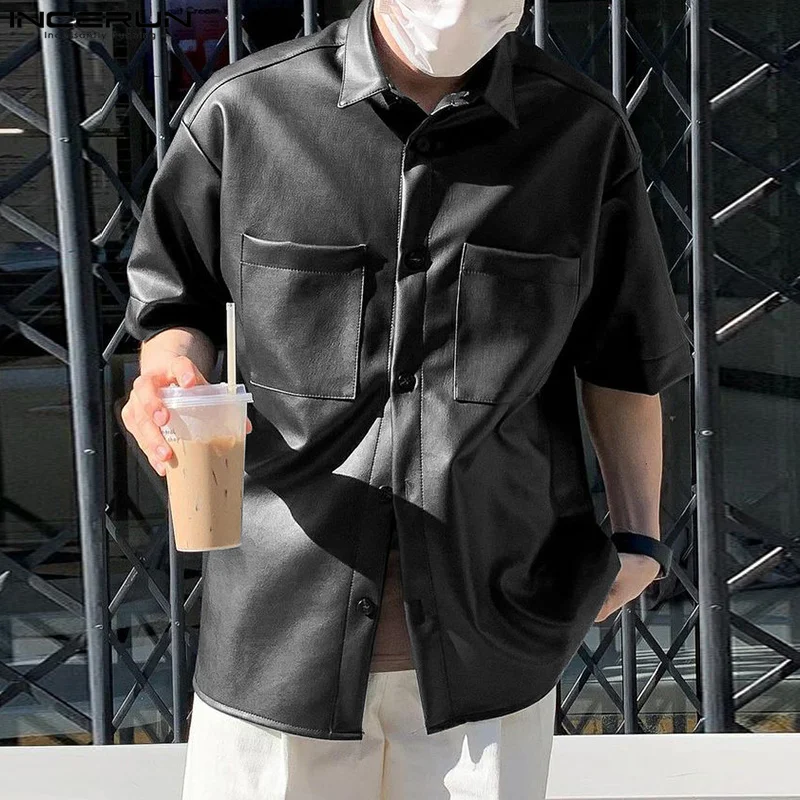 

INCERUN Tops 2025 Korean Style Fashion Men's PU Leather Double Pocket Shirts Casual Simple Male Solid Lapel Short Sleeved Blouse