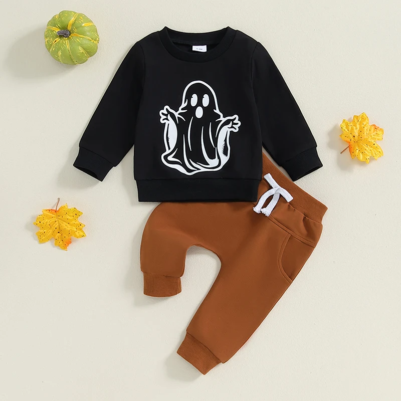 

Toddler Boys Halloween Clothes Sets Round Neck Long Sleeve Ghost Print Sweatshirt Tops and Solid Color Pants Infant Clothing