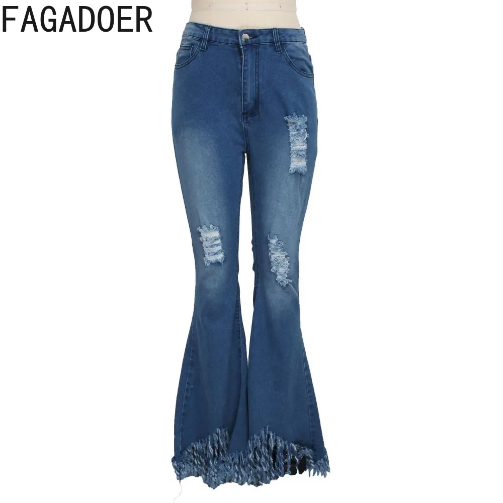 FAGADOER Fashion Hole Skinny Jeans Tassels Flare Pants Women High Waist Button Wide Leg Denim Trousers Lady Cowboy Bottoms 2024