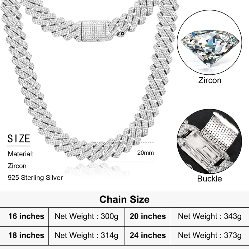 925 Sterling Silver 20mm 3 Row Cubic Zircon Men Cuban Chain Iced