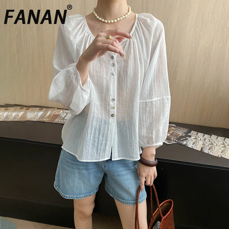 

FANAN Fashion Linen Sunscreen Shirts Women's Round Neck Long Sleeve Casual Loose Single Breasted Blouses Female 2025 Summer New