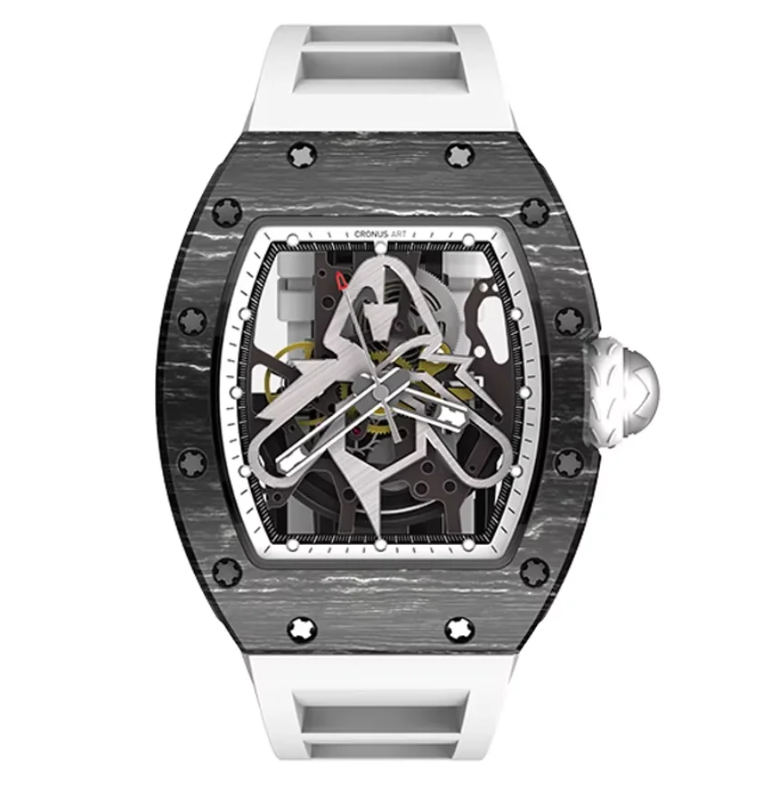 

CRONUSART Men Automatic Watch 50mm Tonneau Mechanical Wristwatch Carbon Fiber Case Luminous Sapphire FKM Strap Skeleton Dial
