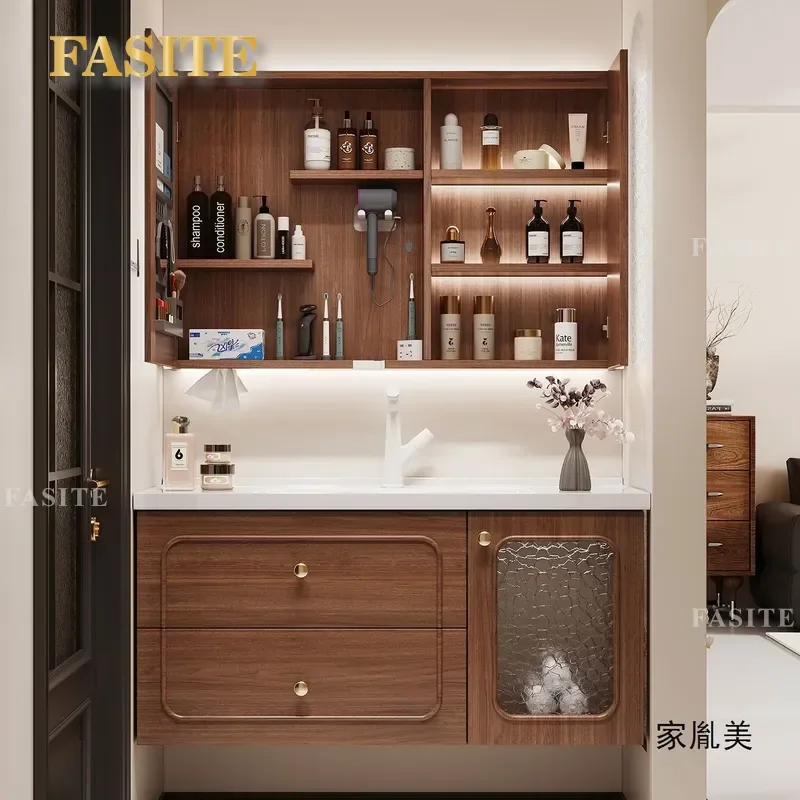 French Retro Oak Solid Wood Bathroom Vanity Cabinet with Integrated Ceramic Basin Medium Size Antique Style Washbasin Combo