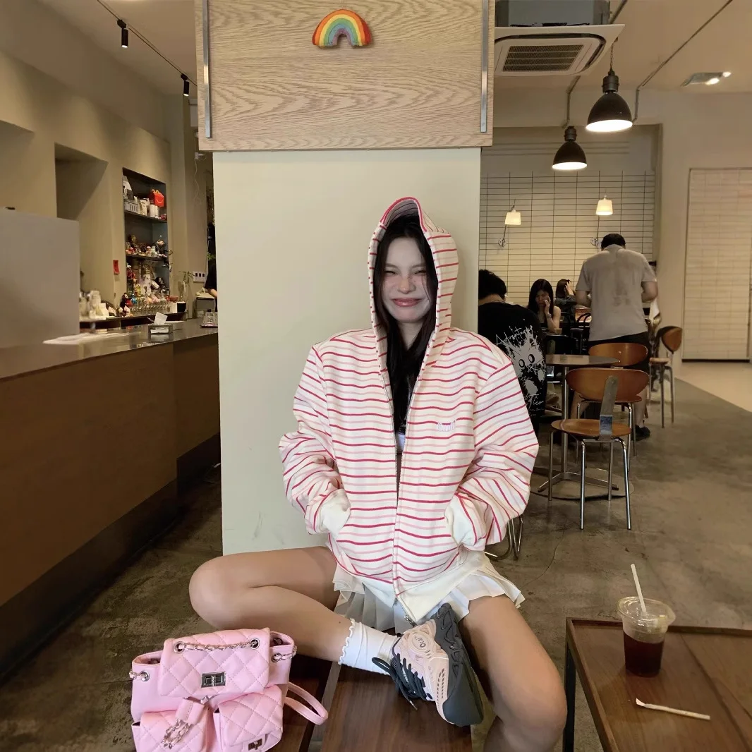 

Autumn and winte striped cardigan hoodie Korean lazy feeling Guochao loose versatile thickened coat