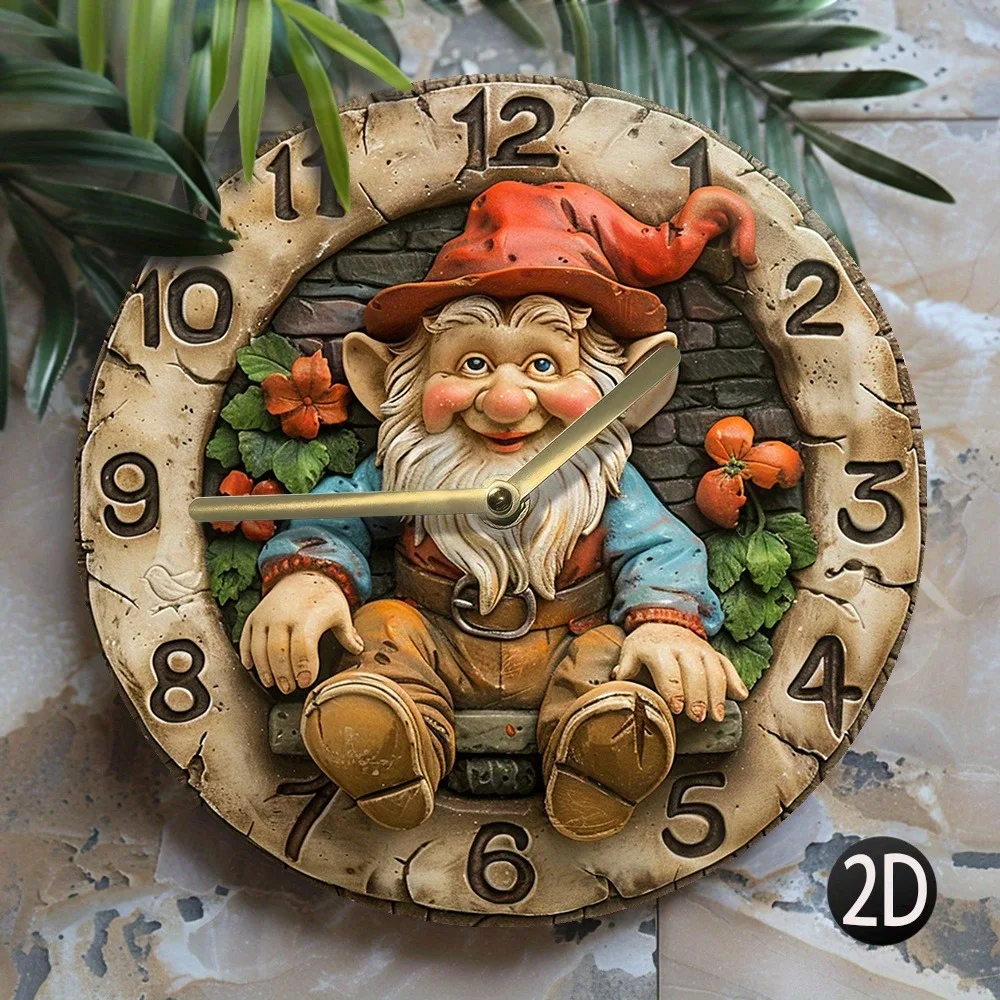 Wooden Wall Clock with Charming Gnome Design. Ideal for Home & Garden Decor. Takes AA Batteries.