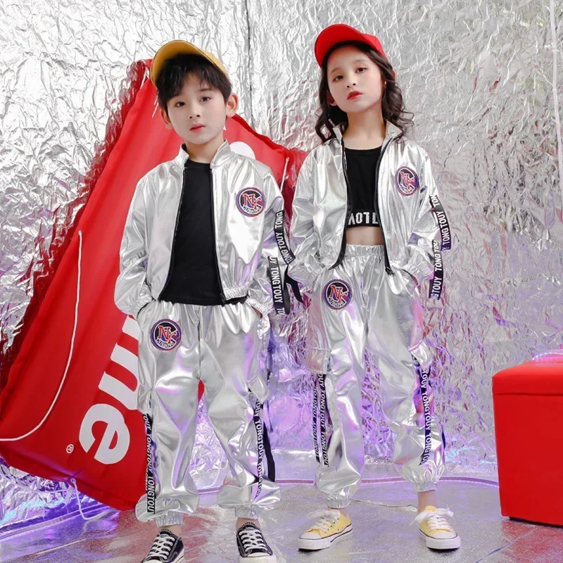 

New Children Hip Hop Jazz Dance Costumes PU Silver Color Long Sleeve Jacket Coat Trousers Suit Street Dance Drum Stage Costume