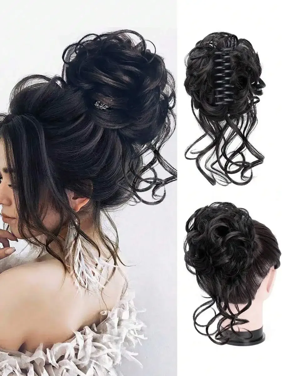 

Messy Bun Hair Clip, Women Messy Wavy Curly Bun Hair Piece, Short Fluffy Updo, Synthetic Black Hair Extension