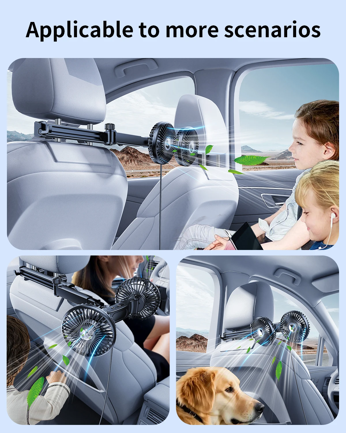 Eary-ventilador de doble cabezal para asiento trasero de coche, asiento trasero con 3 velocidades de viento, ventilador de refrigeración de aire ajustable multiángulo 360 con 2 ganchos ocultos