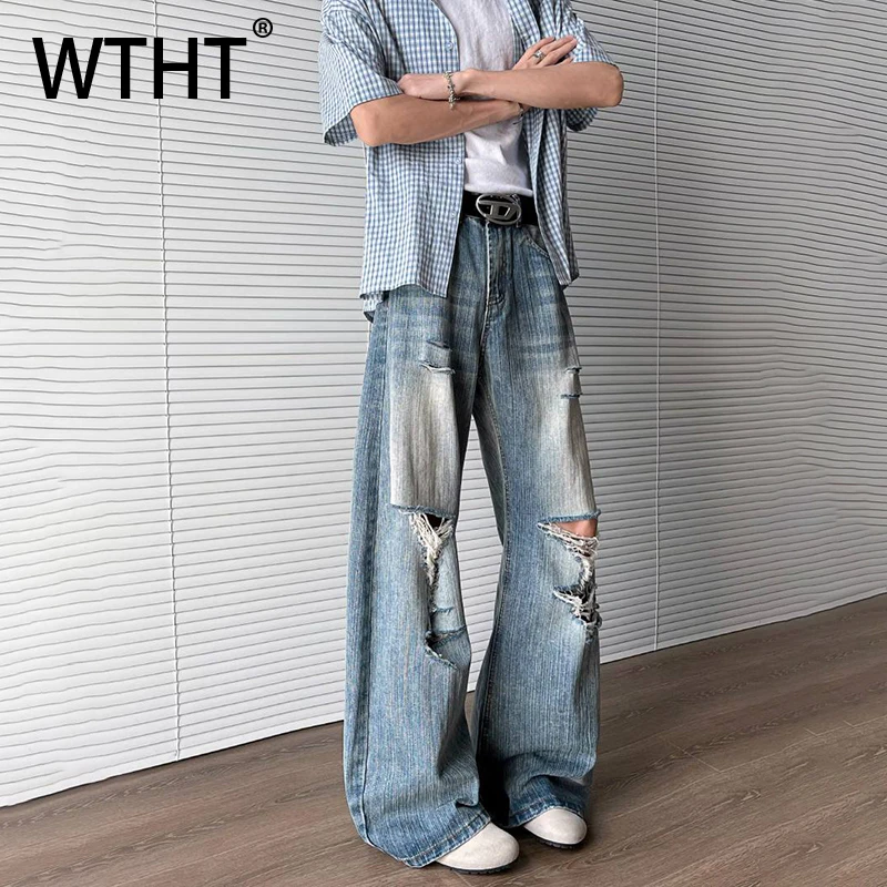 

WTHT Vintage Men's Hole Wash Burr Edge Do Old Denim Pants Fashion 2026 Summer High Street Wide Leg Straight Jeans Male 2A2916