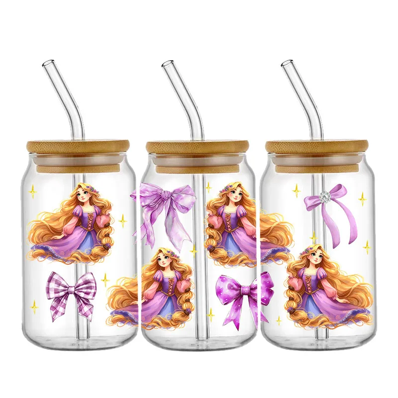 Disney  Princess Bow UV DTF Cup Wrap Transfer Stickers For 16OZ Coffee Glass Can Waterproof DIY Custom Logo