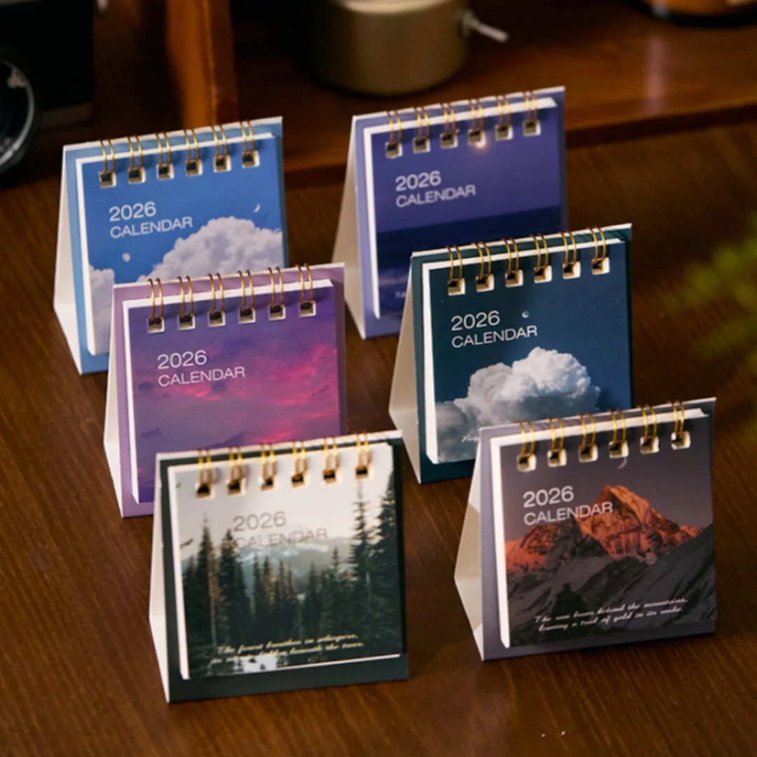 

2026 Mini Simple Calendar Small Desk Calendar Retro Ins Scenery Cover Calendar Planner Desktop Decor Office Stationery Supplies