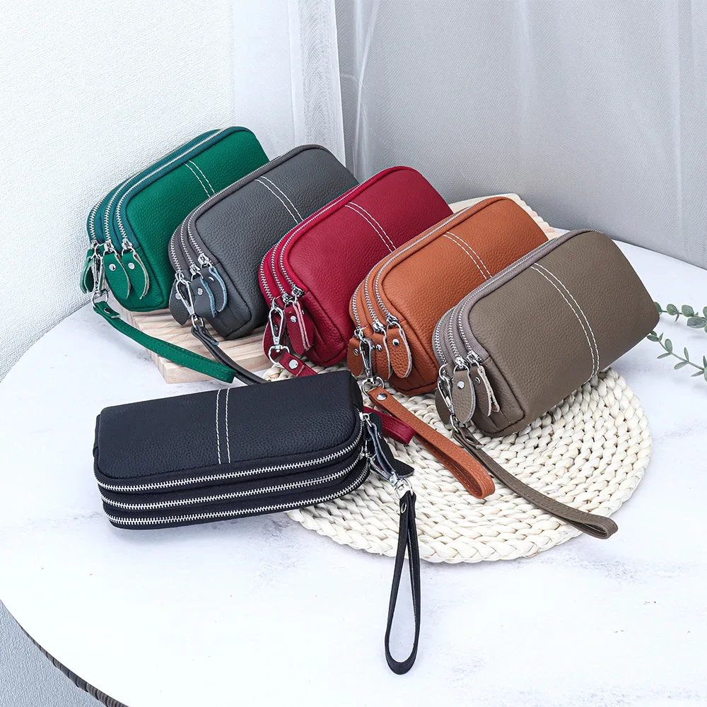 المرأة جلد طبيعي السوار مخلب المحفظة محفظة صغيرة متعددة جيب حقيبة الهاتف الخليوي ثلاثة طبقة سستة الحقيبة الهاتف المحمول