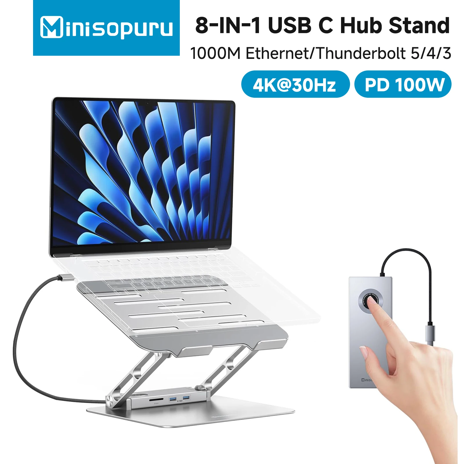 

Minisopuru USB C HUB Stand with 4K HDMI 100W PD USB C Docking Station for MacBook Pro Air 10-17inch Adjustable Laptop Stand