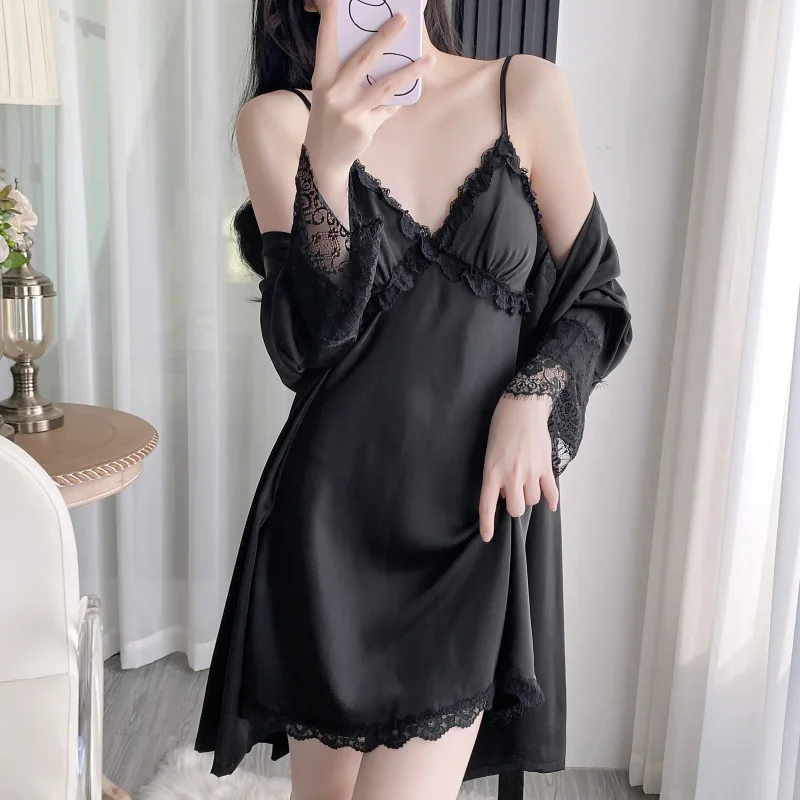 

French Sexy Pajamas Female New Ice Silk with Cushion Nightgown Outer Robe Two-Piece Summer Lace V-Neck Homewear Robe Set