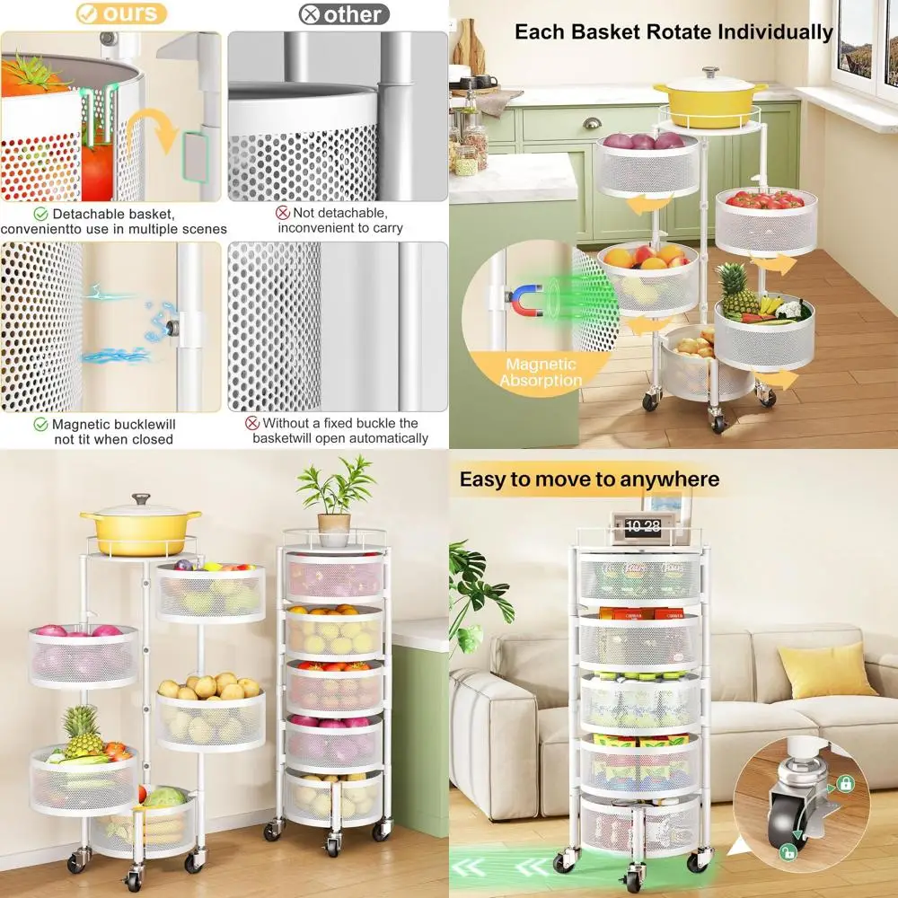 

5-Tier Rotating Kitchen Storage Basket with Metal Lid, White, for Fruits, Vegetables, and More