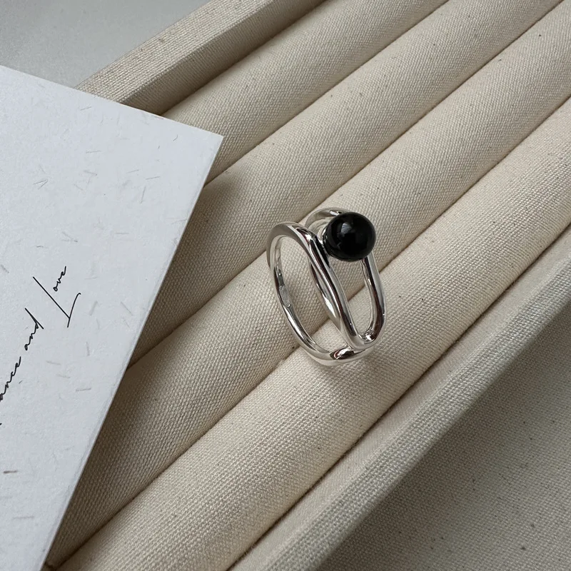 

S925 Sterling Silver Double Ring Korean Version Niche Design Black Agate Ring Simple Silver Jewelry for Wedding Wholesale