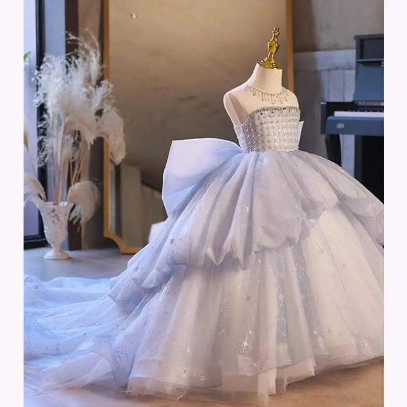 High-End Girls Princess Dress Pearl Sequin Trail Evening Gown Children Formal Catwalk Host Piano Performance Vestidos A2786