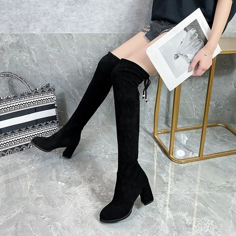 

​Women's High Heel Over-the-Knee Boots Zipper Design Stretchy Fleece Lined Figure Flattering Versatile Fall Winter Shoes​