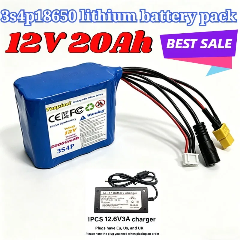 

12V 20Ah 3s4p18650 lithium battery pack with BMS+charger for LED lighting/portable speakers/monitors/detectors/AGV/electric toys