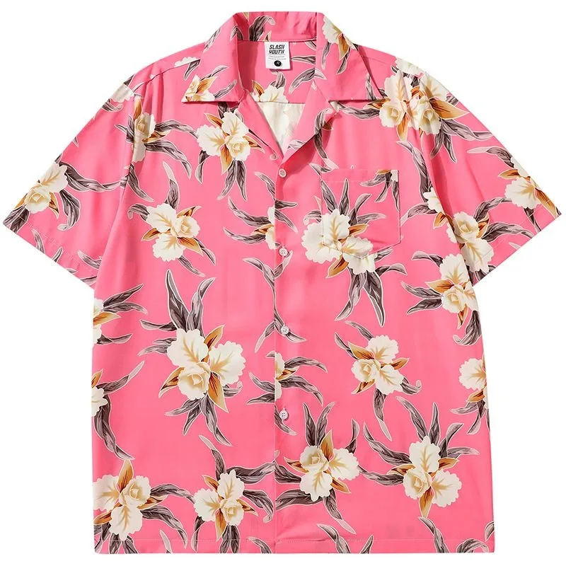 Elegant Women Couples Lovely Flower Shirts Cuba Collar Oversized Summer Tops Men\'s Hip Hop Fashion Beach Blouse Short Sleeve Tee