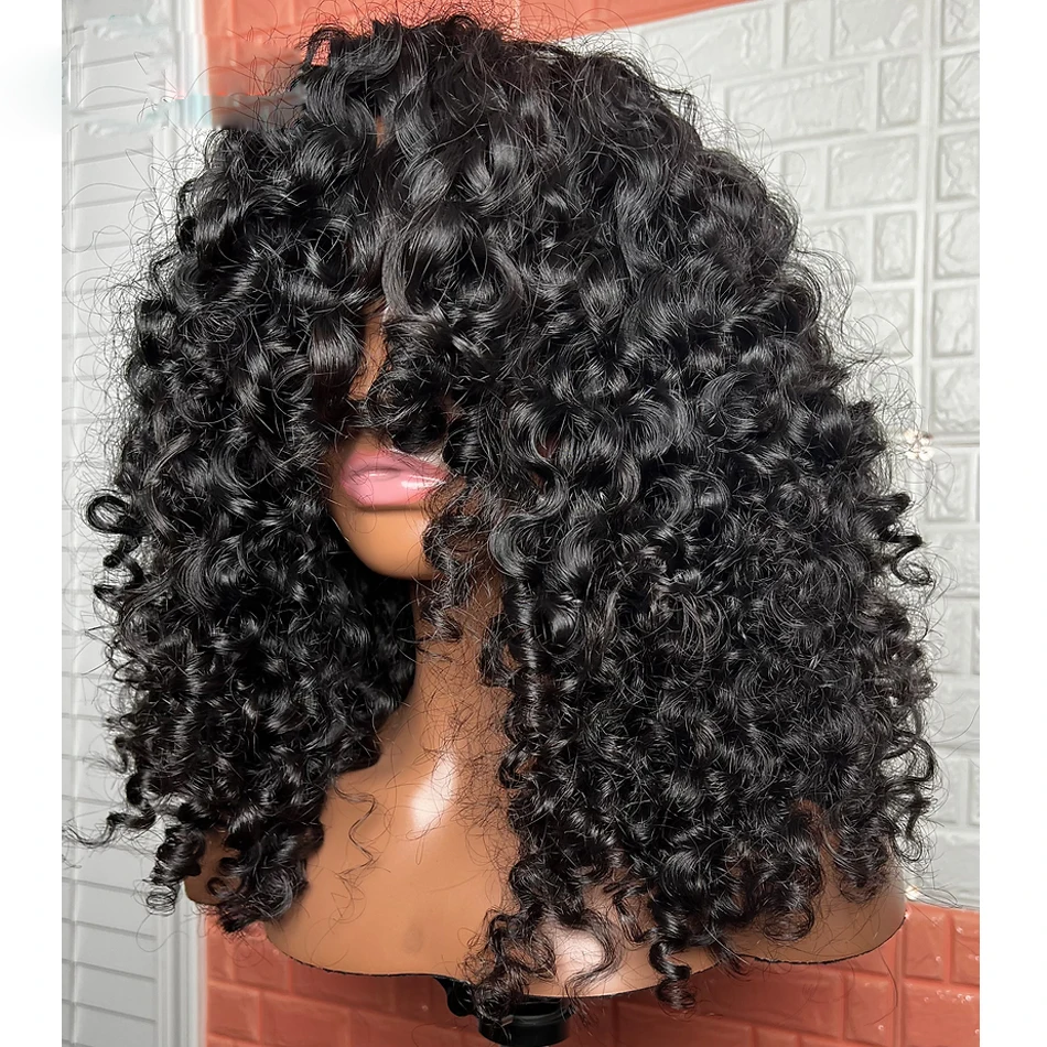 180 الكثافة 26 "أسود طبيعي طويل لينة غلويليس غريب مجعد آلة شعر مستعار مع الانفجارات للنساء BabyHair مقاومة للحرارة