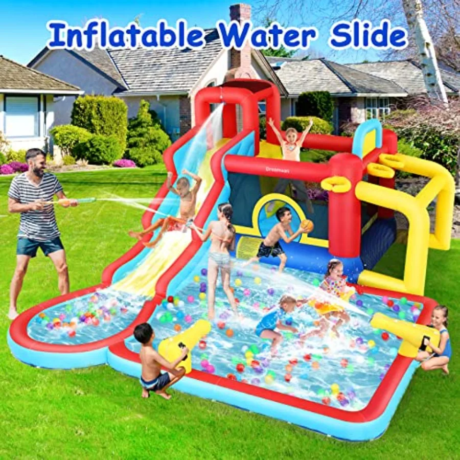 Corrediça de água inflável para casa de salto de água 10 em 1, parque aquático de quintal com corrediça de água longa e grande piscina de respingo, pente seco e molhado