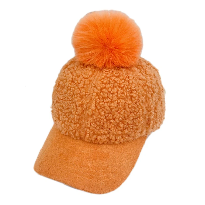 Women Winter Faux Fleece Baseball Peak Cap soft Warm Solid Color Cute Pompom Hip Hop Sunscreen Visor Brim Beanie Hat