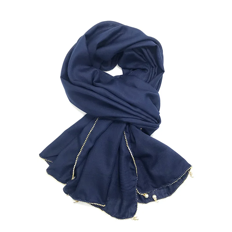 Cross-Border International Station Cotton and Linen Monochrome Chain Hanging Large Pearl Women's Fashion Headscarf Scarf Long Sc