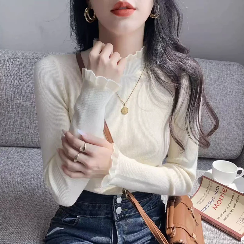 

Fashion Ruched Knitted Sweater Women Autumn Chic Half Turtleneck Slim Long Sleeve Pullover Korean Solid All Match Lady Jumper