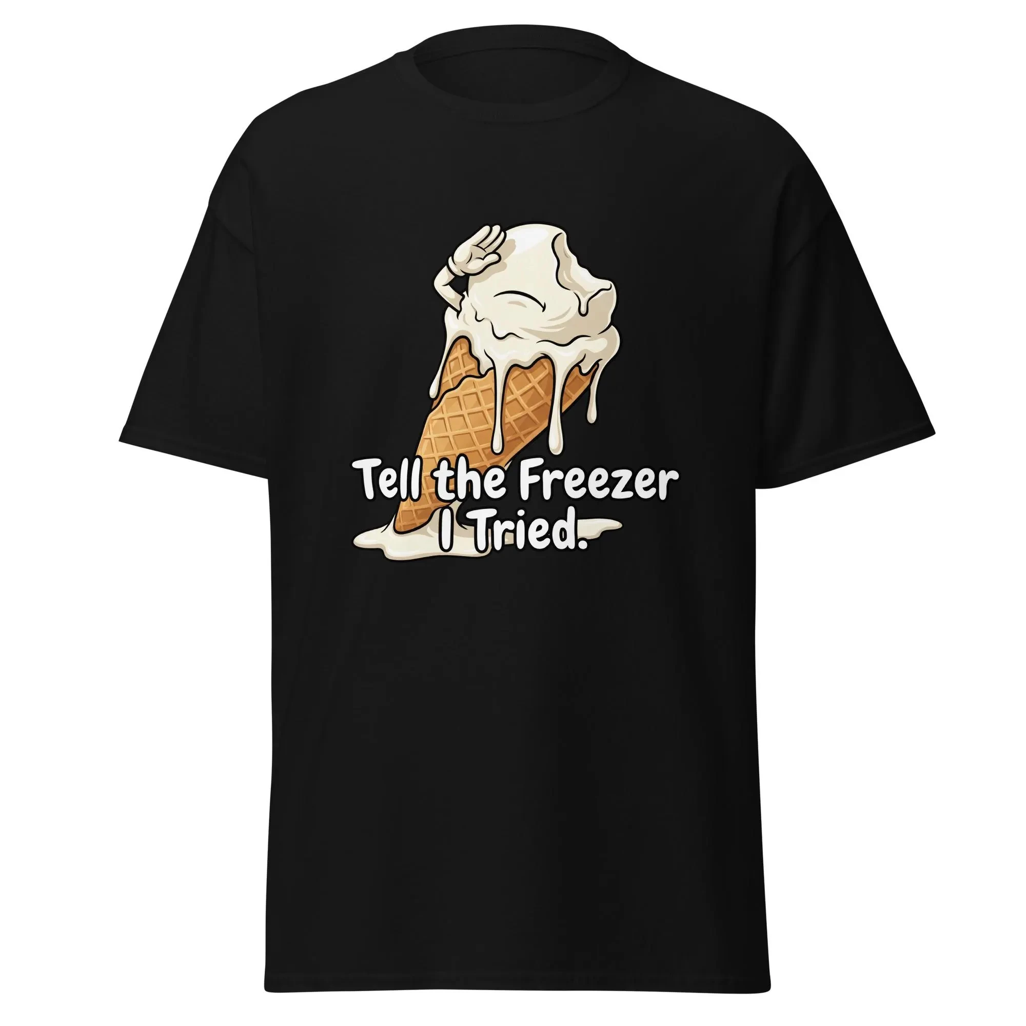 Funny Ice Cream T‑Shirt | “Tell The Freezer I Tried” Melting Waffle Cone Graphic Tee – Sarcastic Dessert Humour Casual Top