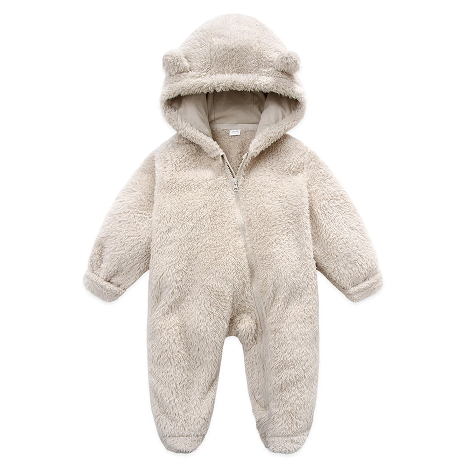 0-12M Baby Plush Warm Jumpsuits Long Sleeve Hooded Zipper Closure Rompers Toddler Infant Winter Warm Outfits Snowwear