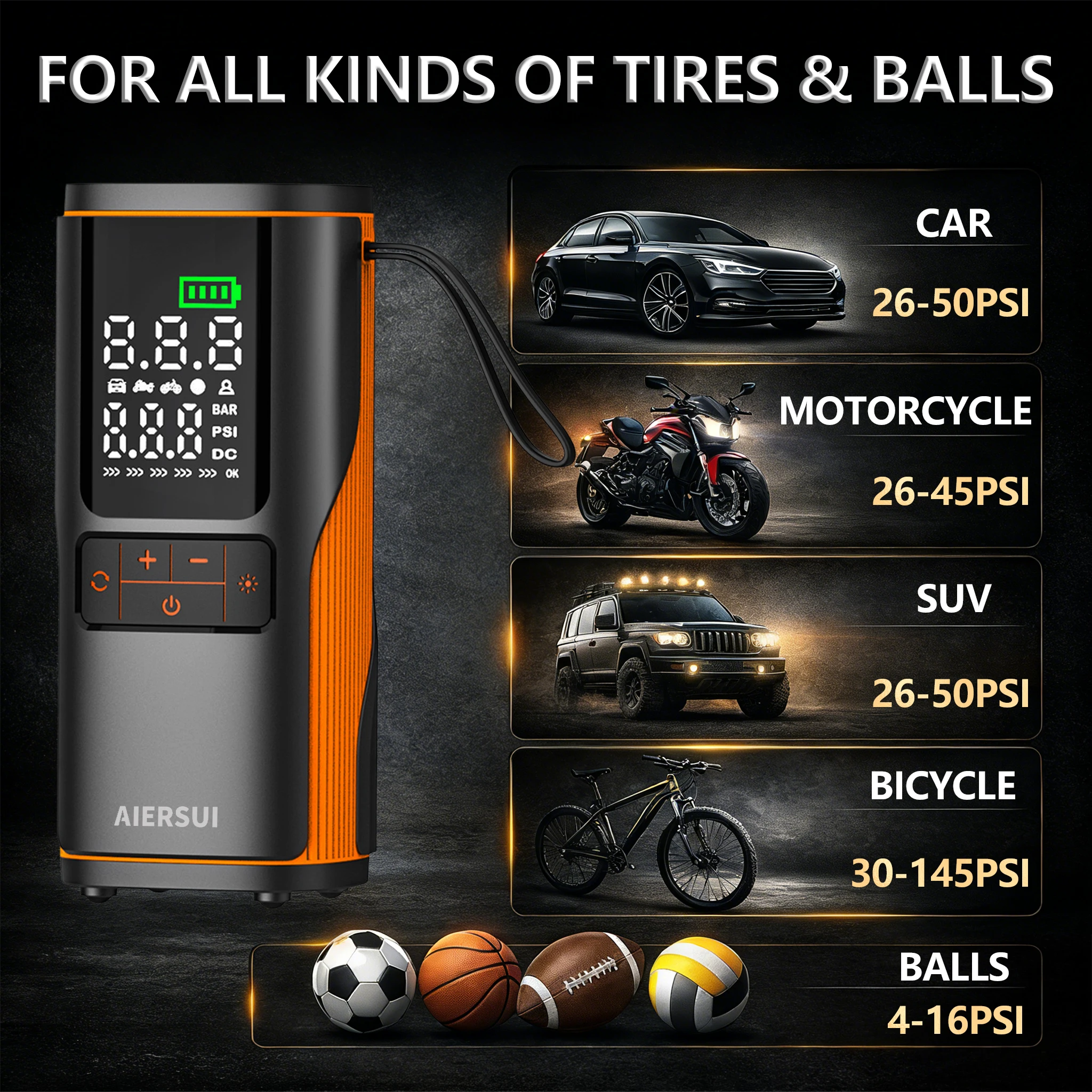 AIERSUI Tire Inflator 150PSI Portable Digital 4-in-1 Air Pump with Auto Stop LED Light Power Bank for Car Motorcycle Bicycle