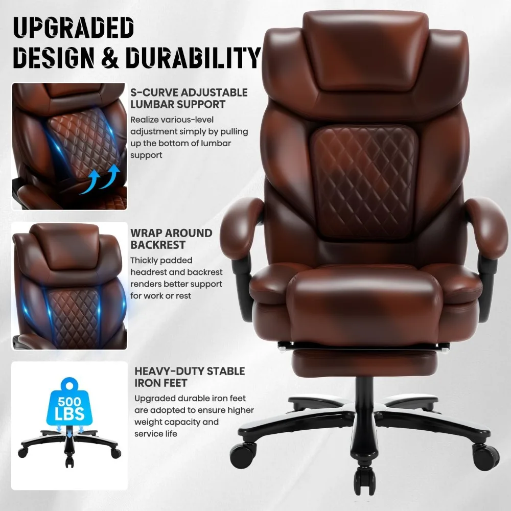 كرسي مكتب مكتبي كبير جدًا بمقاس كبير مع مسند للقدمين ودعم للظهر، كرسي مريح من جلد البولي يوريثان بمقعد عريض لـ Ta