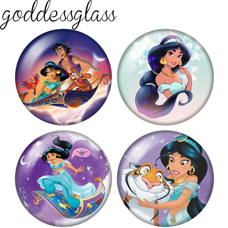 Prinzessin Jasmin, Aladin und die Wunderlampe, 12 mm/18 mm/20 mm, Fotoglas-Cabochon mit flacher Rückseite, zur Herstellung von Schlüsselanhänger-Schmuck