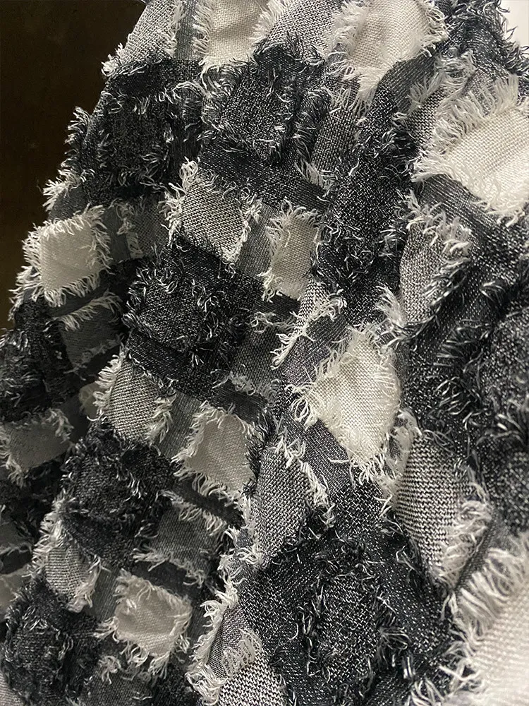 Soft Draping Blue Fringe Plaid Jacquard Designer Fabric with Flowing Texture for Jacket Sewing and Alternative Urban Wardrobes