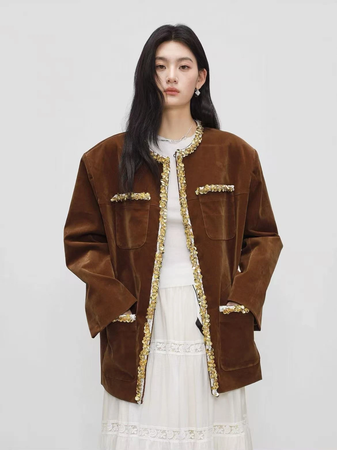 

Высококачественное легкое роскошное коричневое пальто из искусственной кожи во французском стиле для женщин, осень-зима, новый модный универсальный корейский топ Ins