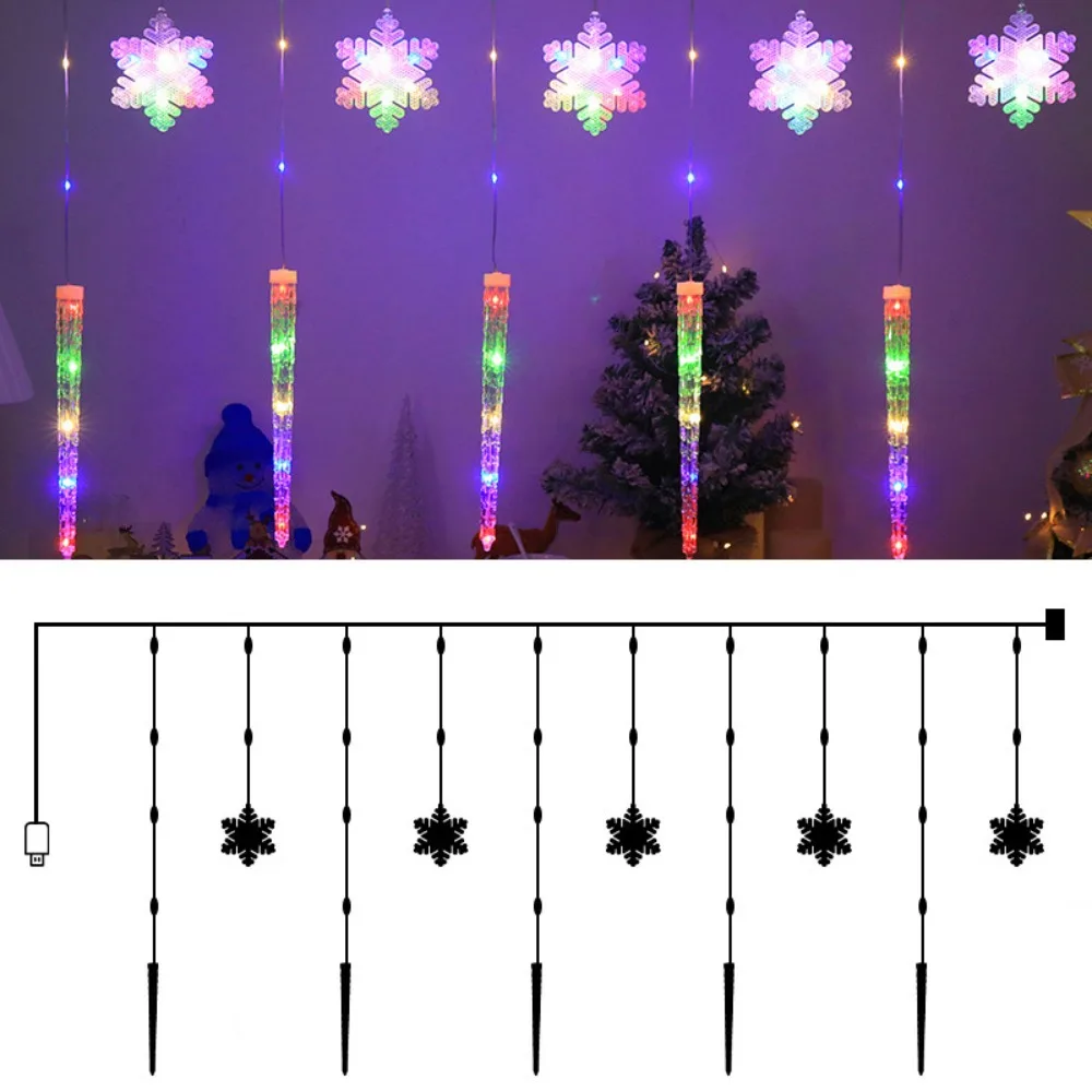 氷の結晶と雪の結晶の形をしたクリスマスledカーテンライト。防水仕様で耐久性があり、点滅する装飾ライトとして吊り下げて使用可能。リモコンで操作。