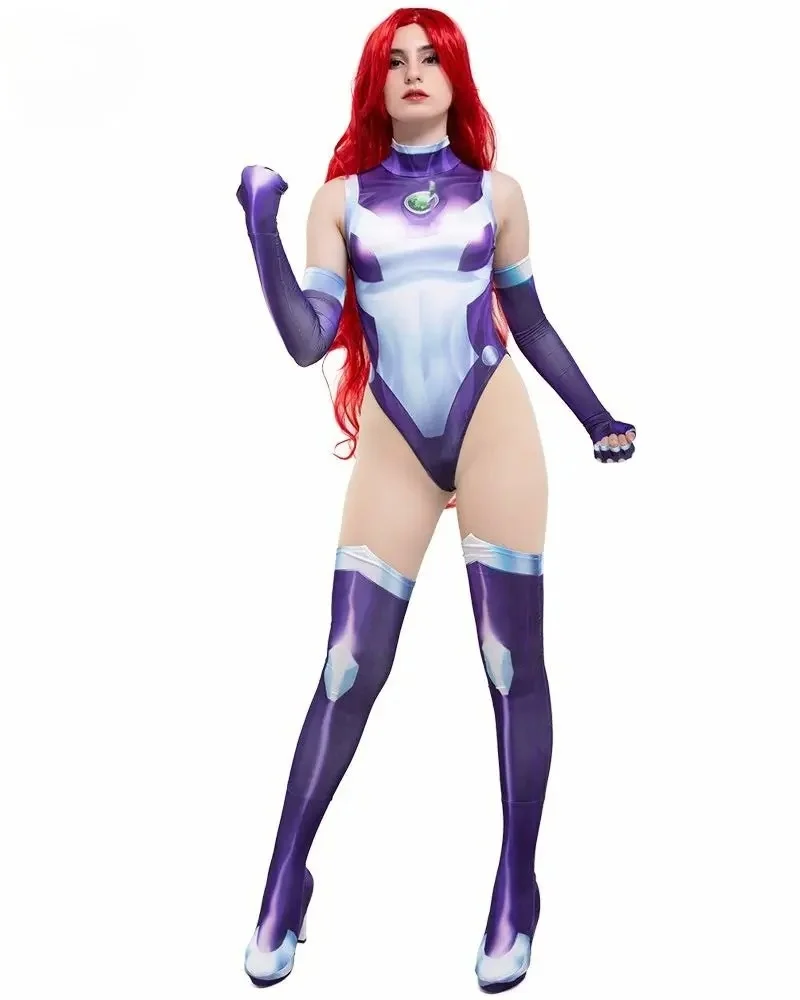 

Anime Teen Titans Starfire Jumpsuit Cosplay Costume Superhero Bodysuit Koriand'r Cosplay Halloween Costume Props Zentai Catsuit