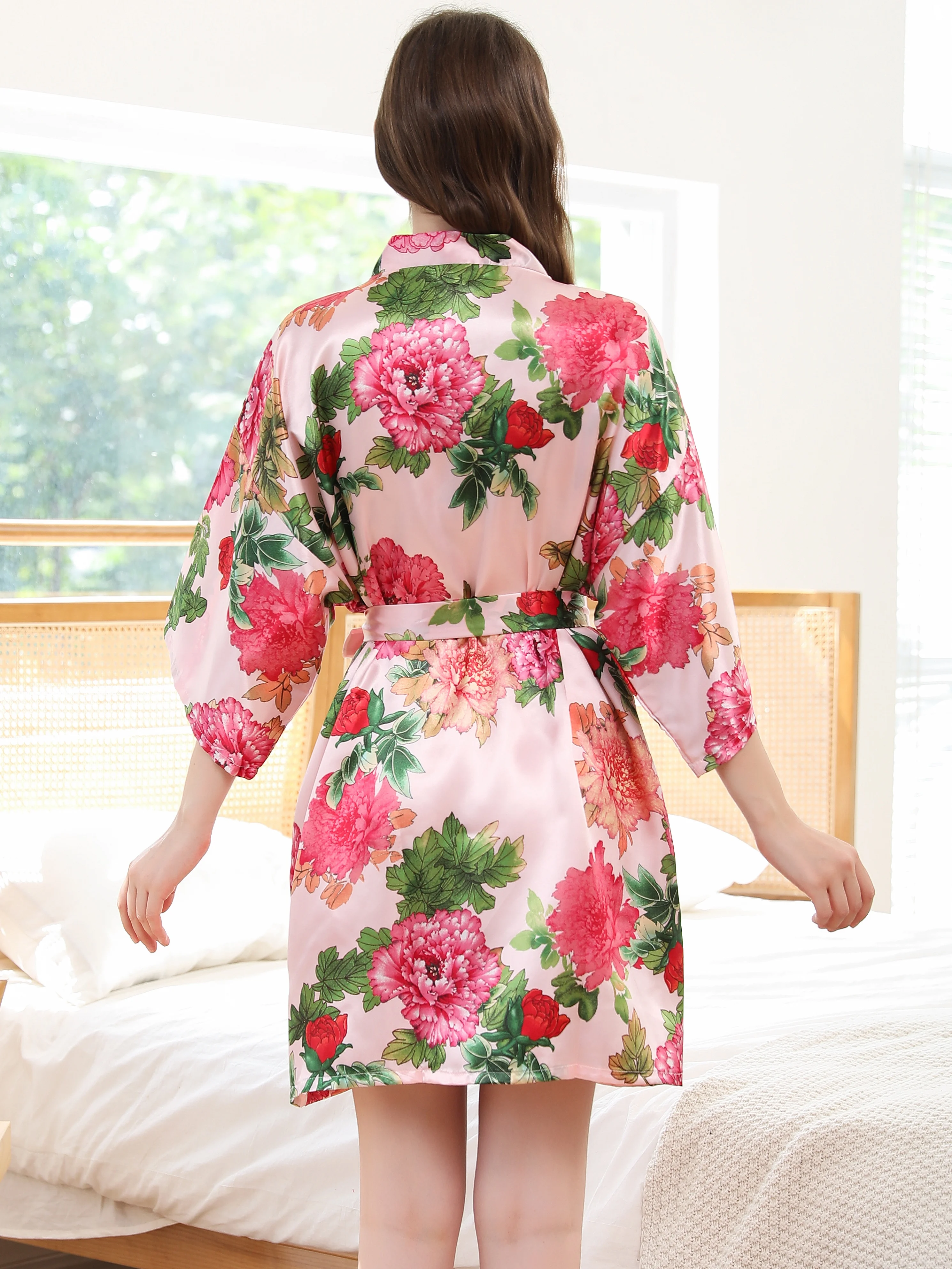 Flora Printed Belt Satin Robe, Bathrobe, Dressing robe, Suit for Home,Vacation,Party