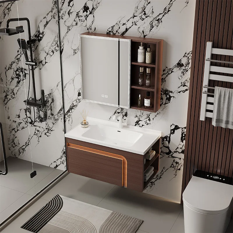 

Honeycomb aluminum bathroom cabinet walnut pattern retro wind washstand basin cabinet waterproof and moisture-proof