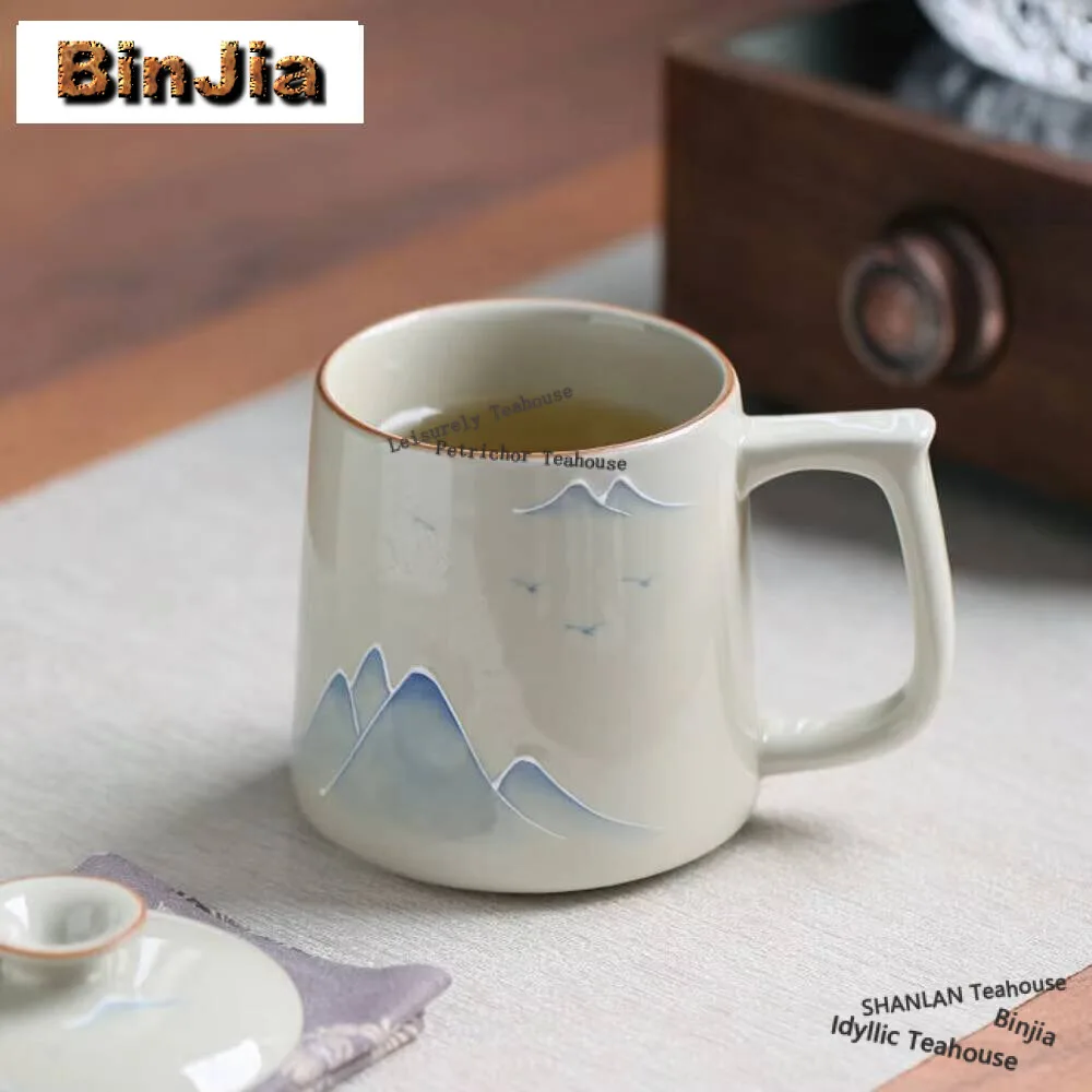 340ml Plant Ash Handmade Mug Hand-painted Distant Hills Mug Retro Coffee Cup Water Mug with Lid Kit Tea Making Teaware Crafts
