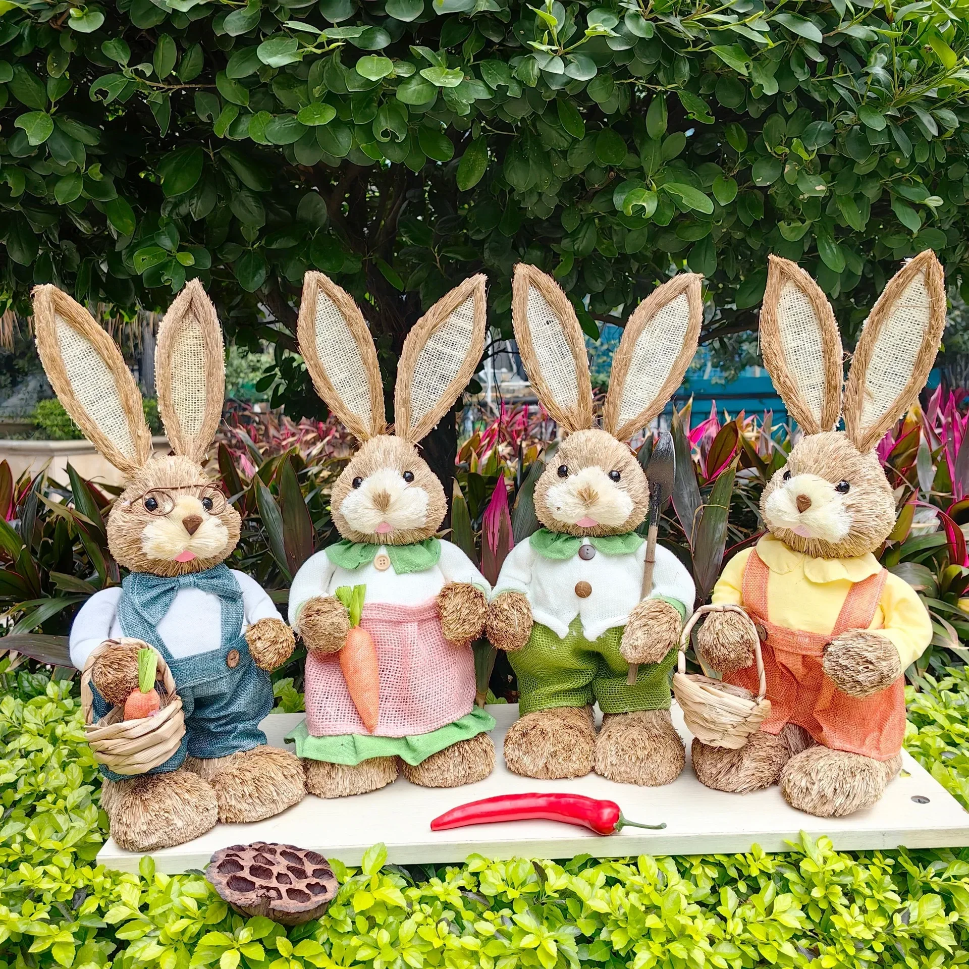 Easter Rabbit Decoration Bunny Figure Cattail Craft Ornament Home Holiday Cute Bunny Home Decoration