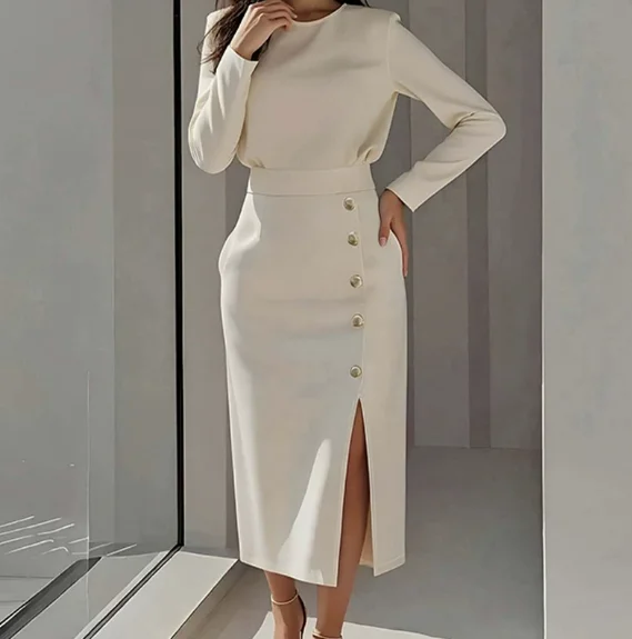 Women Dress 2026 Spring New Solid Color Button Pocket Design Round Neck Long Sleeve High Waist Elegant Commute Midi Dress
