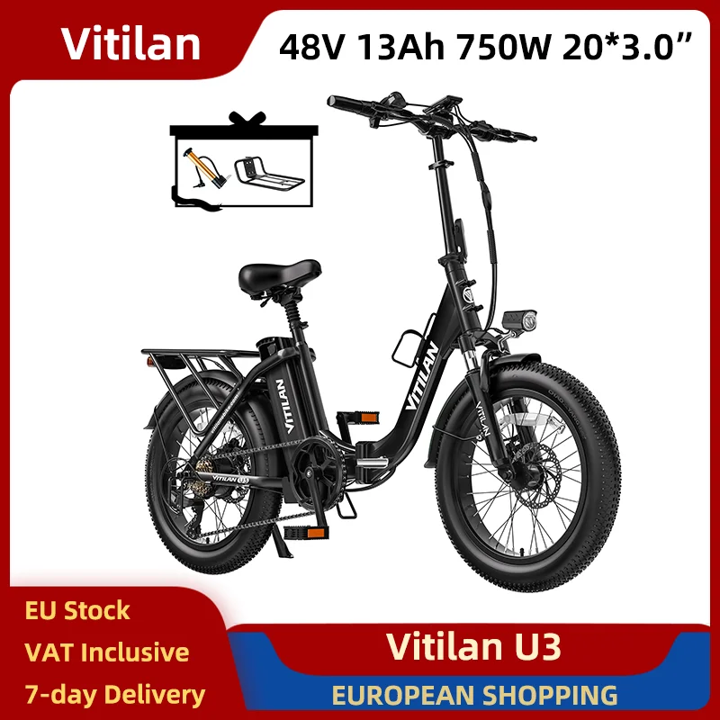 Vitilan U3 Bici Elettrica 750W 48V 13Ah 20*3.0 Pneumatici Pieghevoli E-bike Freni A Disco Meccanici 45 km/h 7 Velocità Doppia Sospensione Nero