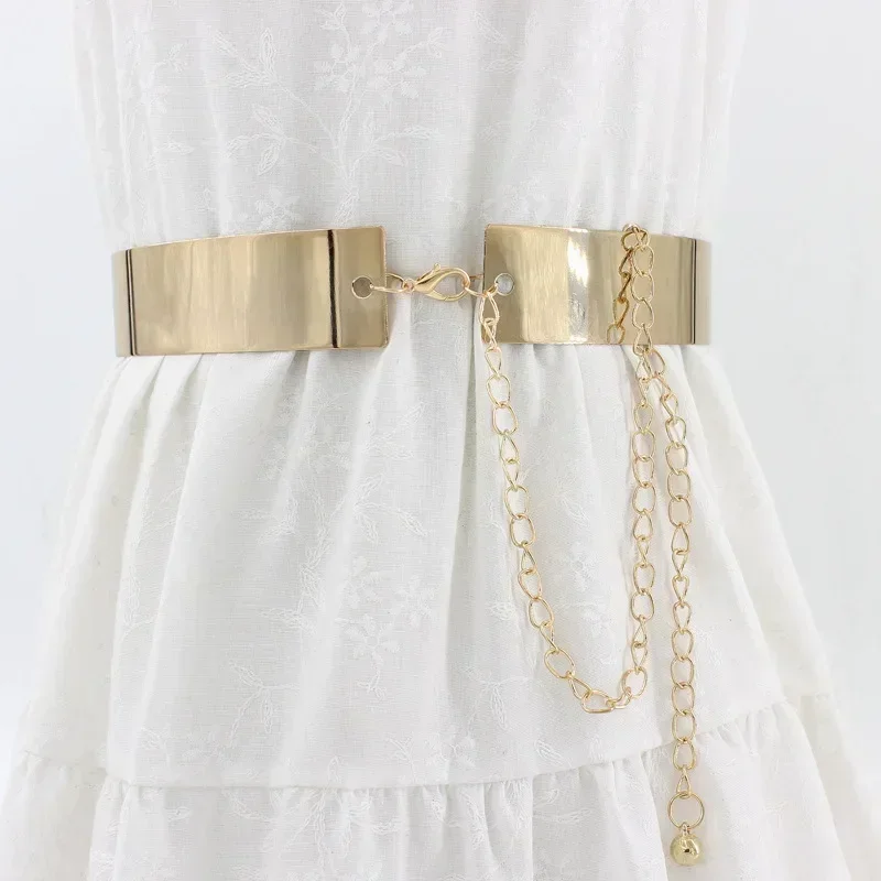 New Women Adjustable Metal Designer Belt Fashion Ladies Dress Luxury Bling Gold Silver Mirror Vintage Waistband with Waist Chain