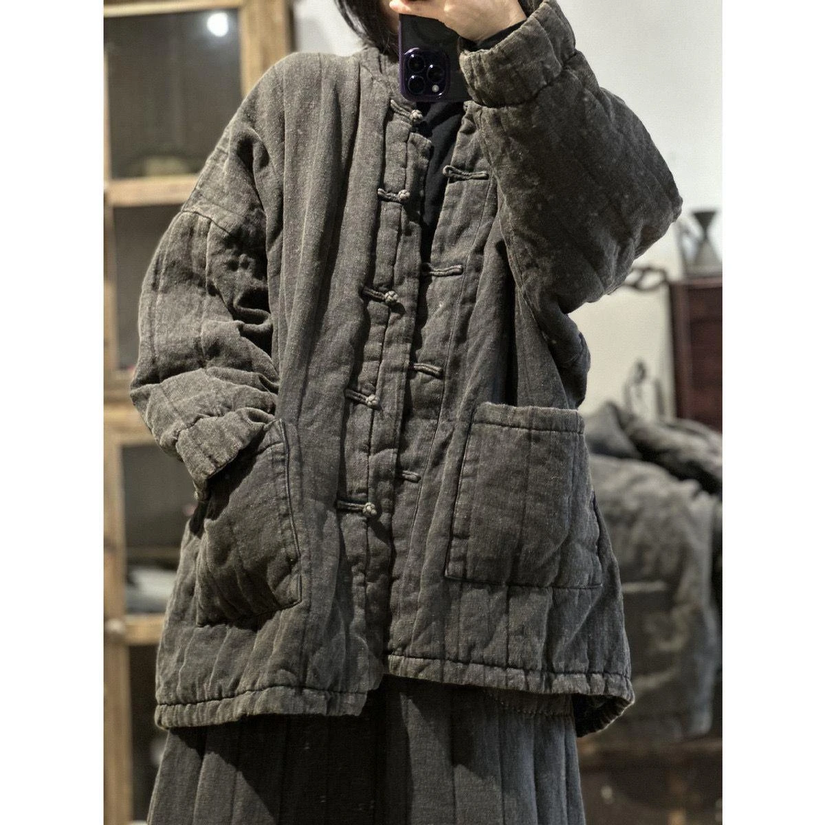 2024 winter chinese style long cotton-padded jacket vintage linen stand collar cheongsam button women cotton-padded coat s931