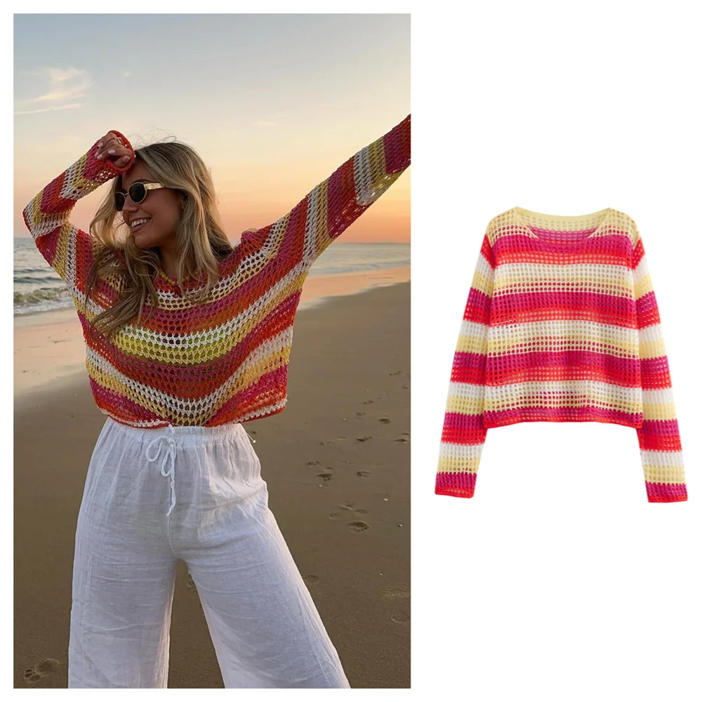 PB&ZA 2024 Summer New Women\'s Fashion Style Casual Loose Versatile Knitted Hollow Colored Stripes Long Sleeves