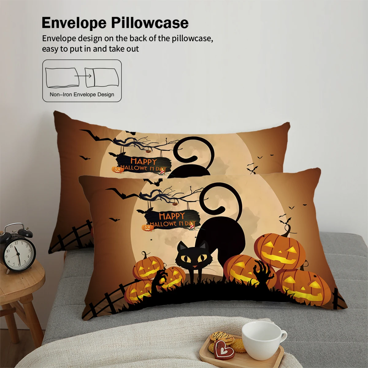 Copripiumini 3 piumini con stampa pipistrello zucca gatto nero (1 piumino + 2 federe, senza anima) set biancheria da letto Halloween